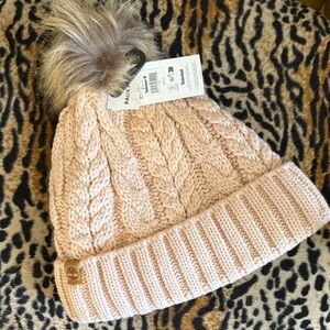 Timberland Pink Knit Beanie with Faux Fur Pom! Super cute!! BNWT! ☃️